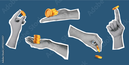 Trendy halftone collage with hands holding 3D gold coins. Paper elements isolated on dark blue background. Vector illustrations for finance, investment and business concept