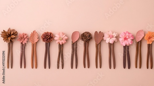 Flat lay of decorative pink and beige flower hairpins on pastel background. Fashion accessories for women's hairstyle and hair decoration isolated on pink background. photo