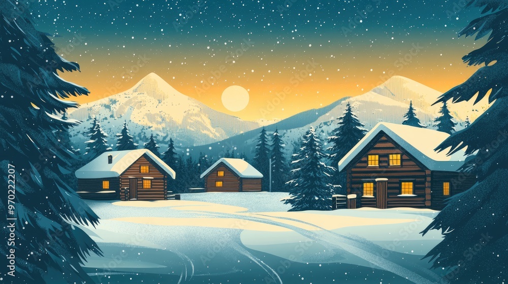 Naklejka premium Charming wooden chalets surrounded by deep snow in a serene winter landscape during twilight