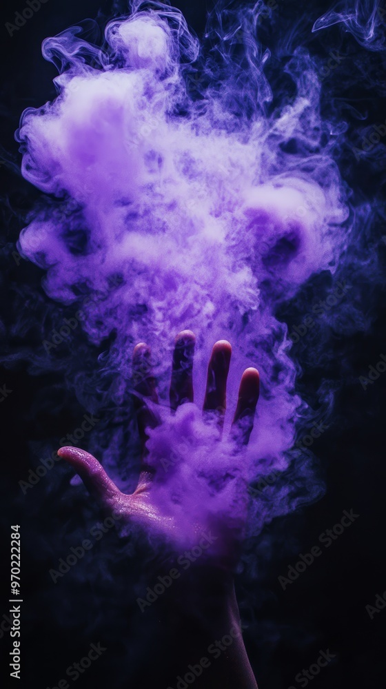 Hand reaching through purple smoke on dark Hand reaching through purple smoke on dark
