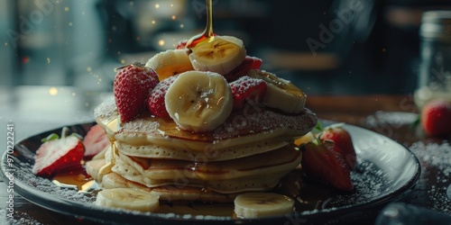 Pancakes with bananas skyr and strawberries photo