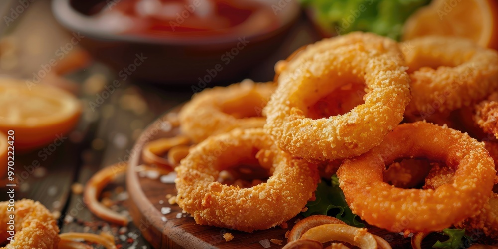 Close up of crispy golden onion rings and breaded snacks on rustic wooden table Close up of crispy golden onion rings and breaded snacks on rustic wooden table