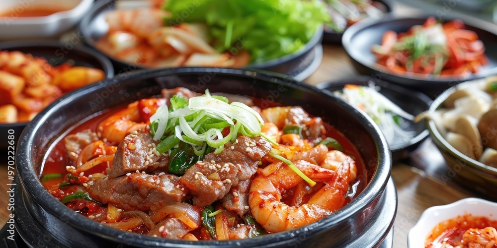 Spicy Pork Backbone Stew, Braised Pollack, Spicy Pork Bulgogi with Red Pepper Paste, Korean Side Dishes, Traditional Dishes, Fresh Vegetable Salad, Healthy Dinner Choice Spicy Pork Backbone Stew, Braised Pollack, Spicy Pork Bulgogi with Red Pepper Paste, Korean Side Dishes, Traditional Dishes, Fresh Vegetable Salad, Healthy Dinner Choice