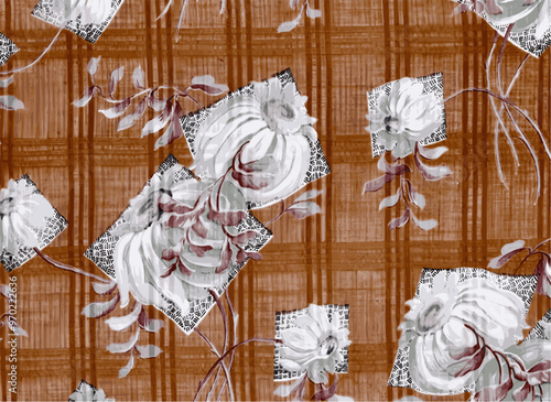 Pattern of white and purple watercolor flowers within geometric squares on a warm brown plaid background.