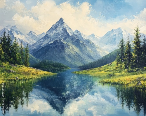 Oil painting depicting a mountain landscape with reflections in water featuring majestic peaks and serene surroundings in a beautiful alpine region