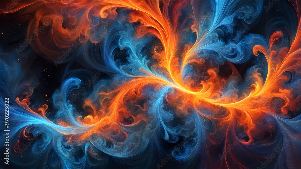 Abstract swirling pattern of blue and orange smoke on a black background. Abstract swirling pattern of blue and orange smoke on a black background.