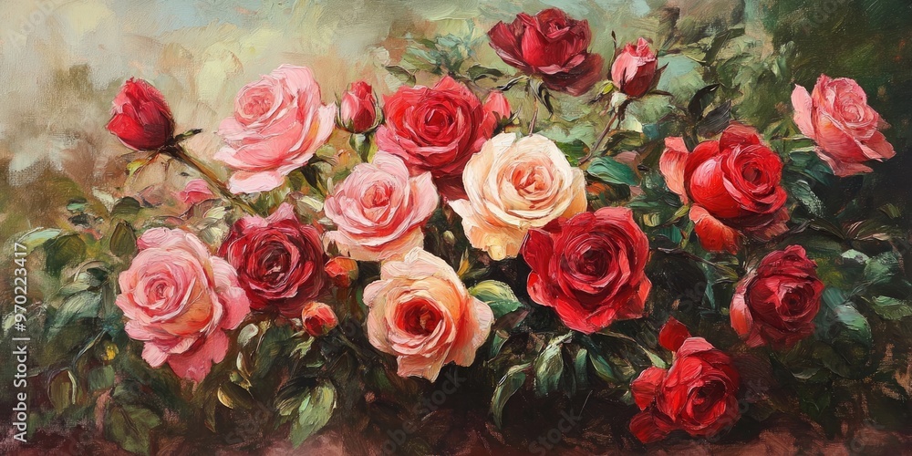 Oil painting depicting a bouquet of roses in a beautiful floral arrangement Oil painting depicting a bouquet of roses in a beautiful floral arrangement