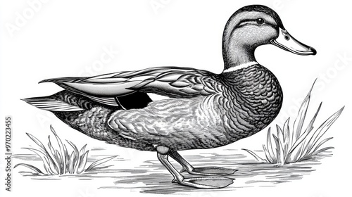 Vintage line art illustration of a Mallard a dabbling duck known for its breeding behavior in temperate and subtropical regions photo