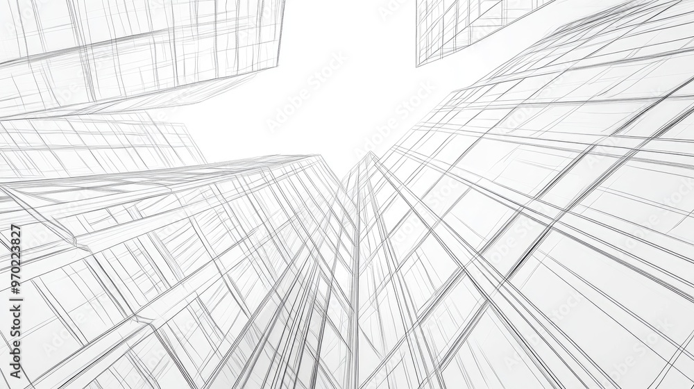 Abstract line art illustration depicting an upward view of a contemporary glass and concrete structure highlighting the architectural details of an office building s exterior Abstract line art illustration depicting an upward view of a contemporary glass and concrete structure highlighting the architectural details of an office building s exterior