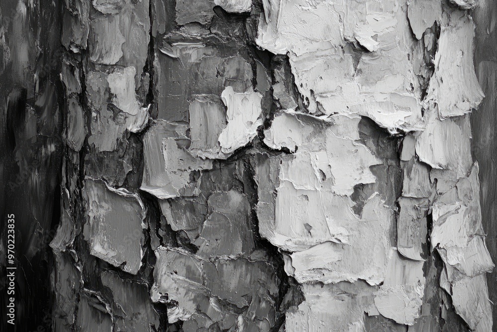 Obraz premium Oil painting showcasing intricate textures of tree bark in a park setting presented with a black and white filter to emphasize detailed patterns and textures