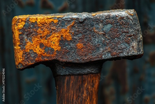 Close-up of a Rusty Hammerhead with a Wooden Handle photo