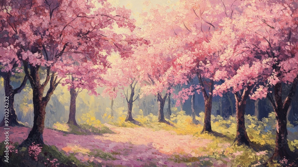 Oil painting showcasing cherry blossom trees in full bloom depicting natural beauty and the essence of the spring season Oil painting showcasing cherry blossom trees in full bloom depicting natural beauty and the essence of the spring season