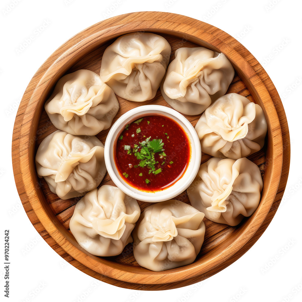 Dumpling momos with sauce in a wooden plate top view isolated on transparent white background, clipping path Dumpling momos with sauce in a wooden plate top view isolated on transparent white background, clipping path