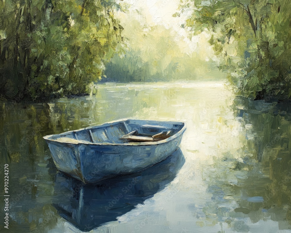 Oil painting depicting a serene indoor motorboat resting on a calm river Oil painting depicting a serene indoor motorboat resting on a calm river