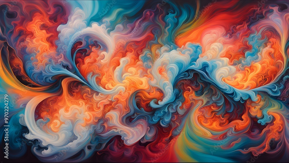 Abstract painting with vibrant swirls of orange, blue, and white paint. Abstract painting with vibrant swirls of orange, blue, and white paint.