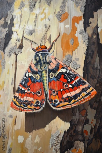 Oil painting depicting a boldly patterned Angle shades moth Phlogophora meticulosa resting on wood showcasing intricate details and vibrant colors photo