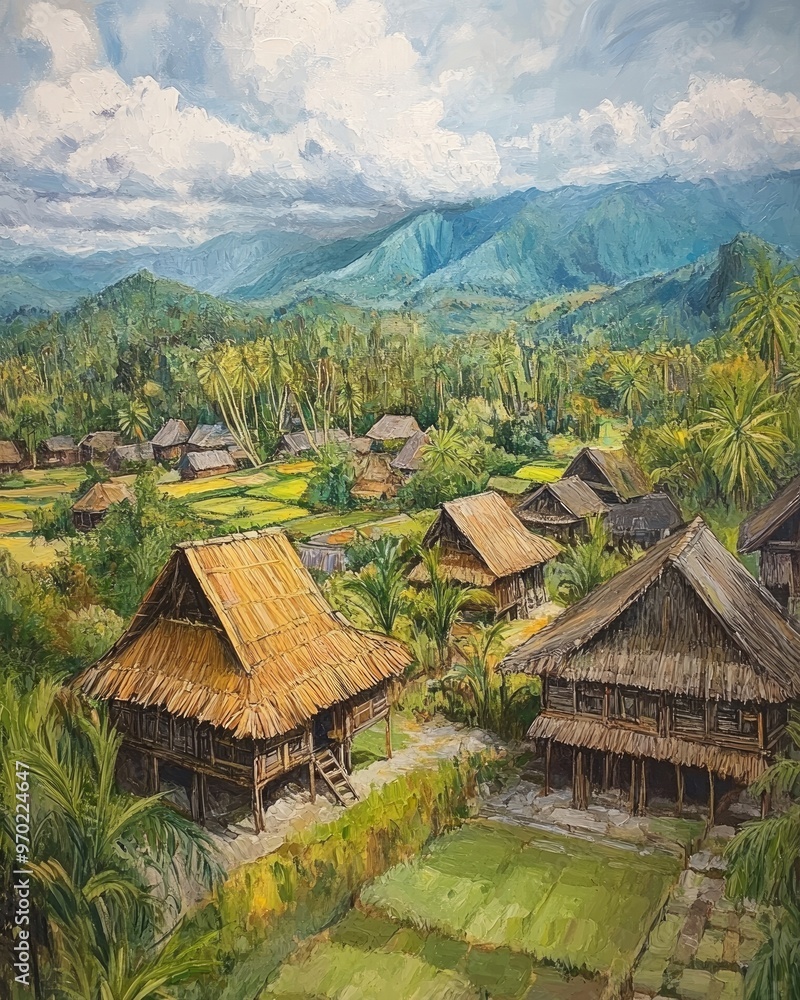 Oil painting depicting bamboo houses in a village setting showcasing an overview of traditional architecture and community life Oil painting depicting bamboo houses in a village setting showcasing an overview of traditional architecture and community life