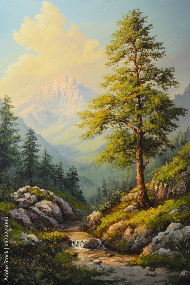 Obraz premium Oil painting depicting a serene early morning scene in a mountainous landscape