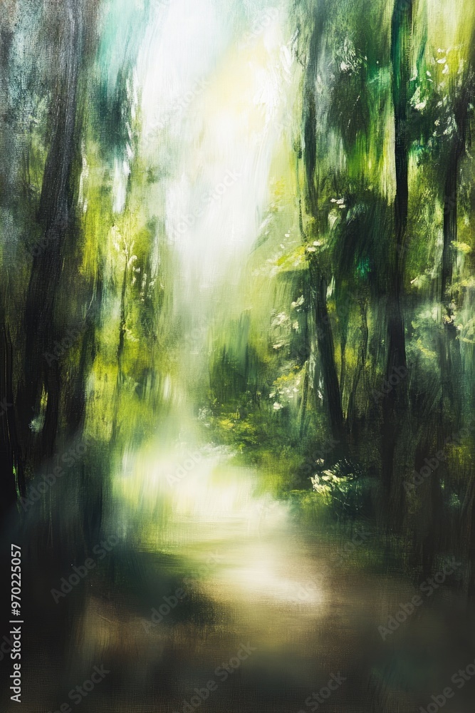 Fototapeta premium Abstract oil painting depicting a blurred forest landscape with dense foliage