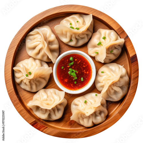 Dumpling momos with sauce in a wooden plate top view isolated on transparent white background, clipping path