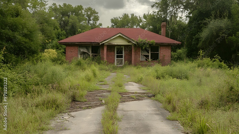 A lone house in ruins, crushed under nature's force, with overgrown weeds taking over, the driveway blocked by decaying trees A lone house in ruins, crushed under nature's force, with overgrown weeds taking over, the driveway blocked by decaying trees