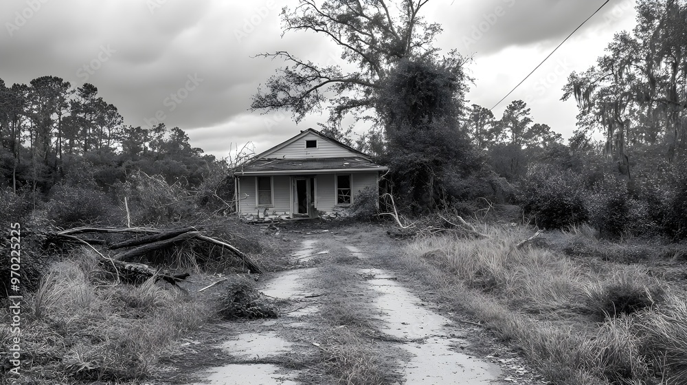 Obraz premium A lone house in ruins, crushed under nature's force, with overgrown weeds taking over, the driveway blocked by decaying trees