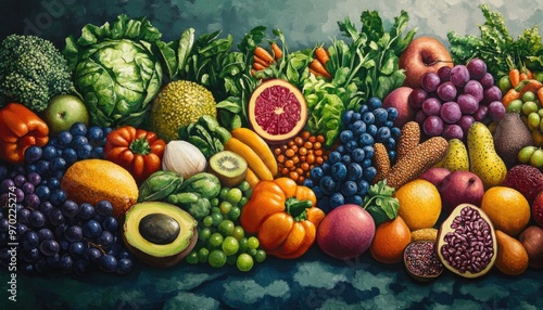 Fototapeta Naklejka Na Ścianę i Meble -  Oil painting showcasing a diverse selection of healthy foods and nutritional options