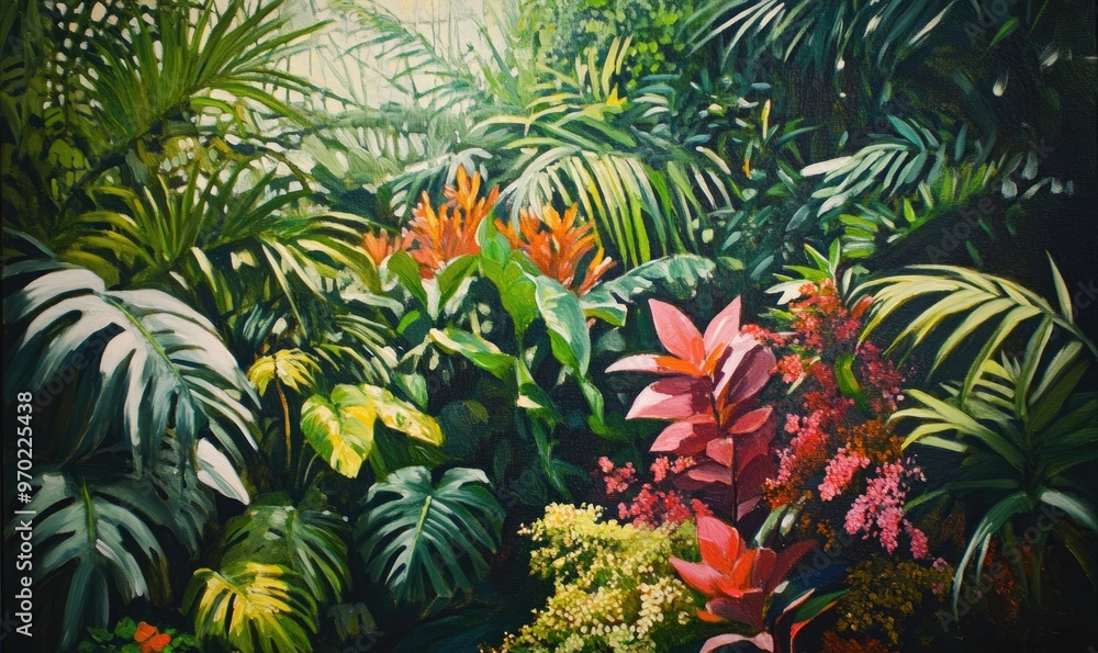 Close up oil painting capturing the beauty of various plants in a lush garden setting Close up oil painting capturing the beauty of various plants in a lush garden setting