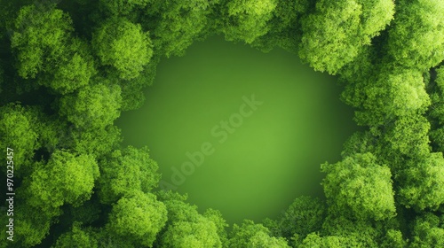  Aerial view of dense green forest with a central clearing, creating a natural frame. Nature landscape concept for eco-friendly travel, conservation, and environmental-themed marketing materials photo