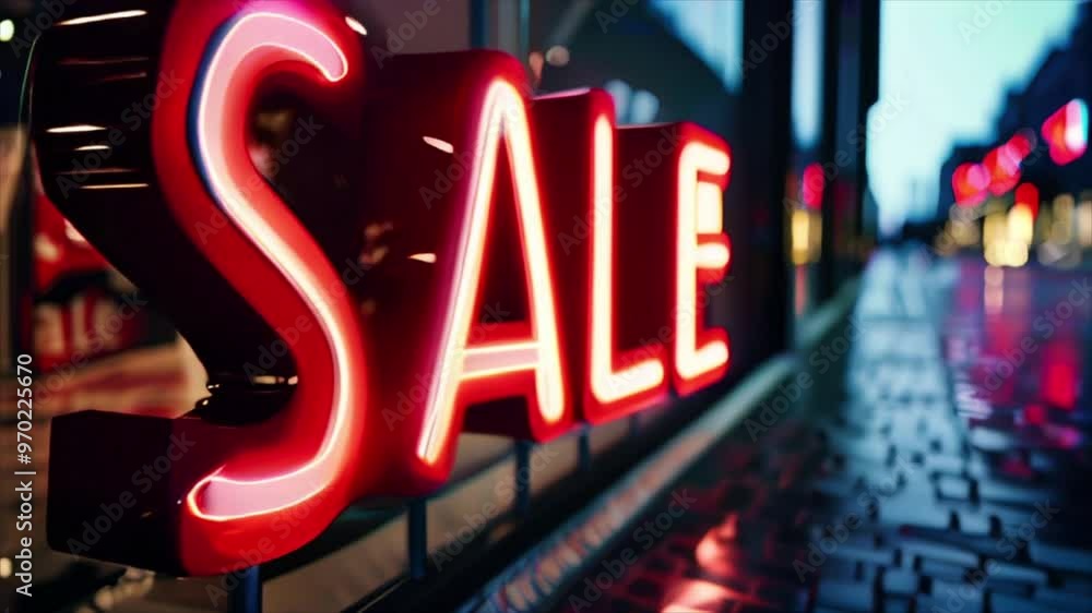 Red and white neon Sale sign in the street. Black Friday discount concept Red and white neon Sale sign in the street. Black Friday discount concept