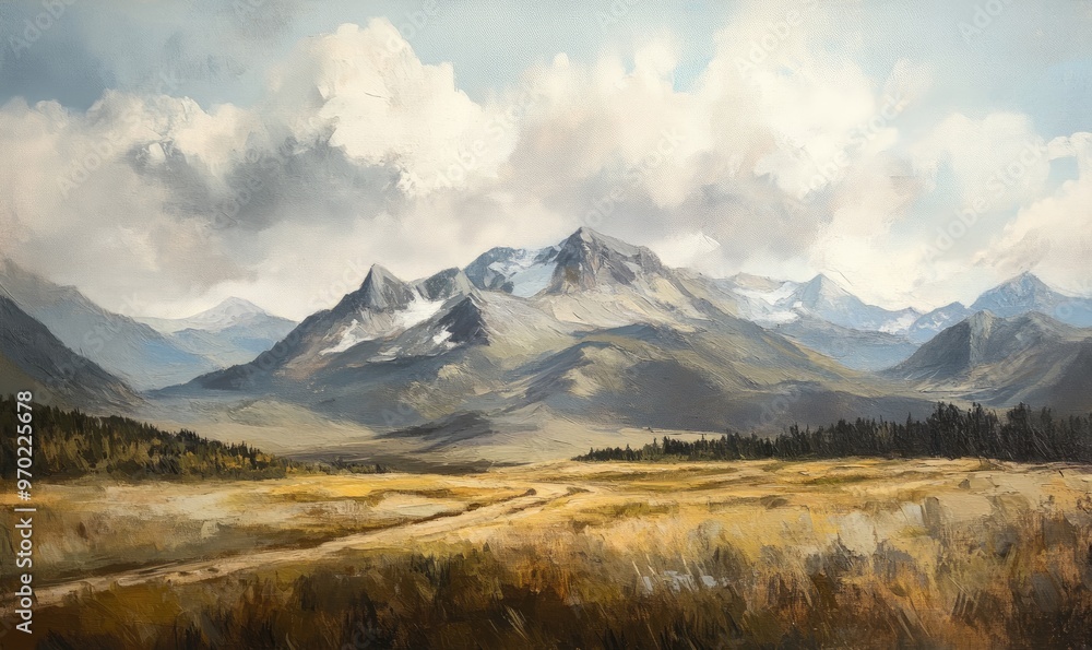 Fototapeta premium Oil painting depicting a mountain range in a western style