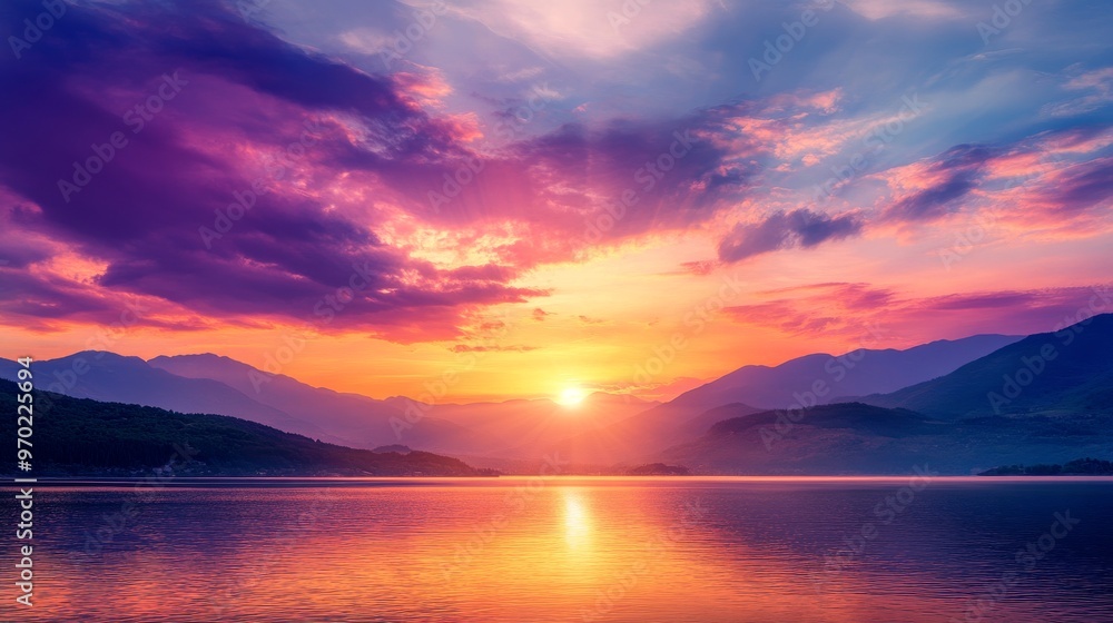 Sunset over serene lake with mountains and Sunset over serene lake with mountains and