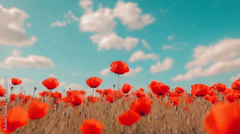 Naklejka premium Close-up of vibrant red poppy flowers against a blue sky with white clouds in a sunny field. Nature landscape concept for summer travel, nature-themed advertising, and flower field marketing materials