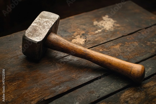 Weathered Hammer on a Rustic Wooden Surface