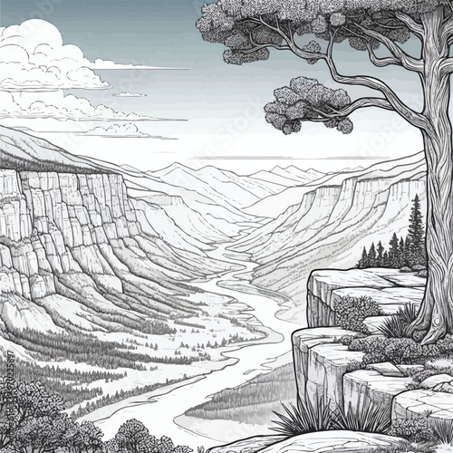 scenic overlook with a wide valley, distant mountains coloring page 