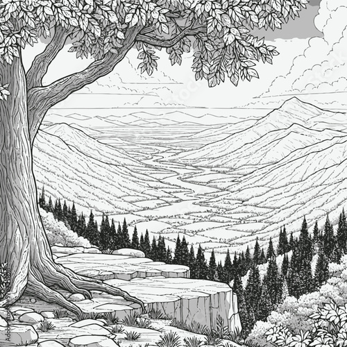 scenic overlook with a wide valley, distant mountains coloring page 