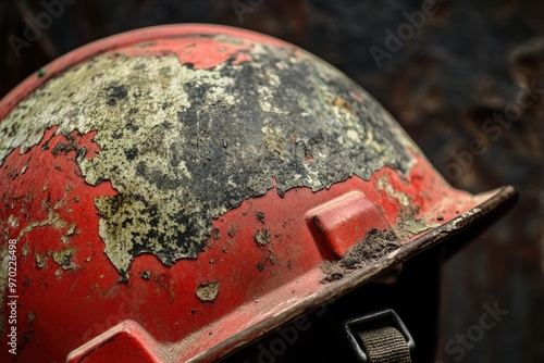 Worn Red Hard Hat with Peeling Paint photo