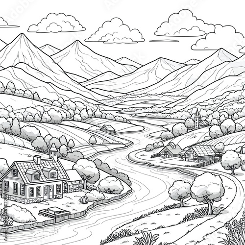 scenic valley with a winding river, green hills, and a small village in the distance coloring page 