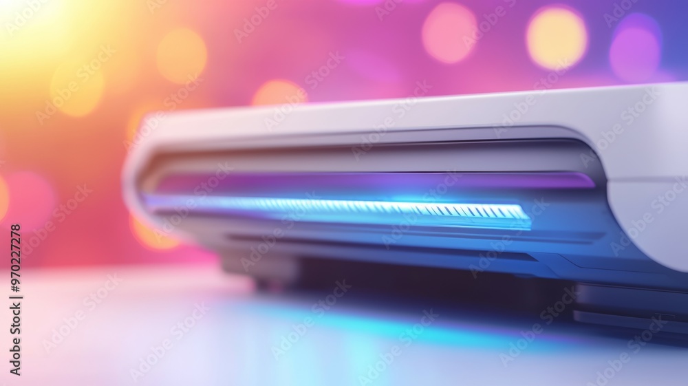A white electronic device with a blue light on the bottom A white electronic device with a blue light on the bottom