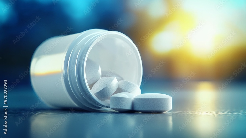 A white pill bottle with pills inside and a pill on the table A white pill bottle with pills inside and a pill on the table