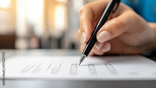 A woman is writing with a pen on a piece of paper