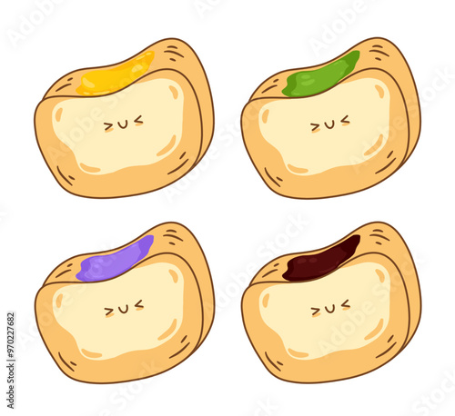 Toasts set cute character cartoon butter avocado jam, cheese, matcha, chocolate, taro. Toasts smile face cheerful kawaii joy happy emotions symbol breakfast icon vector illustration. Bread, bakery.