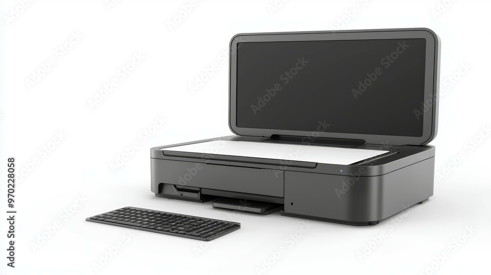 A black printer with a keyboard on top of it A black printer with a keyboard on top of it