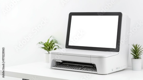 A white printer sits on a desk next to a potted plant