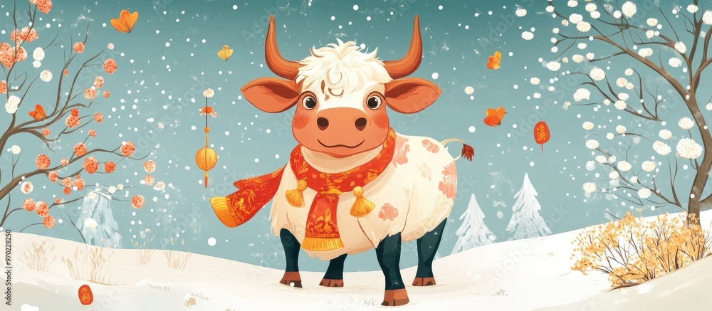 Fototapeta premium 2021 Calendar featuring a bull as a symbol of the new year illustrated with a cartoon cow The week begins on Sunday reflecting the Chinese horoscope theme