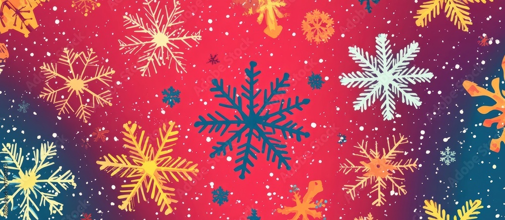Abstract pattern of snowflakes in a flat design featuring ornamental elements on a vibrant background Raster illustration of decorative snowflake motifs Abstract pattern of snowflakes in a flat design featuring ornamental elements on a vibrant background Raster illustration of decorative snowflake motifs
