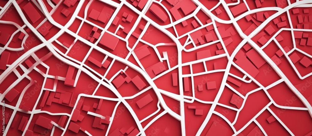 Fototapeta premium Map of streets designed with white lines on red paper Aerial view with a textured background 3D render and illustration
