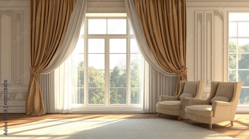 Fototapeta premium Modern interior design featuring a spacious room with curtains rendered in 3D