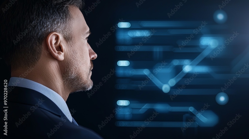 A man in a suit is looking at a computer screen with a lot of lines and numbers A man in a suit is looking at a computer screen with a lot of lines and numbers