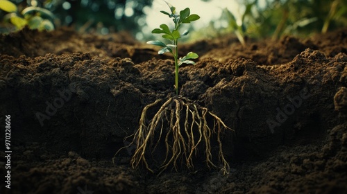 Roots of Life: Detailed Underground View of Soil with Vibrant Plant Sprout in Bloom Above Ground photo